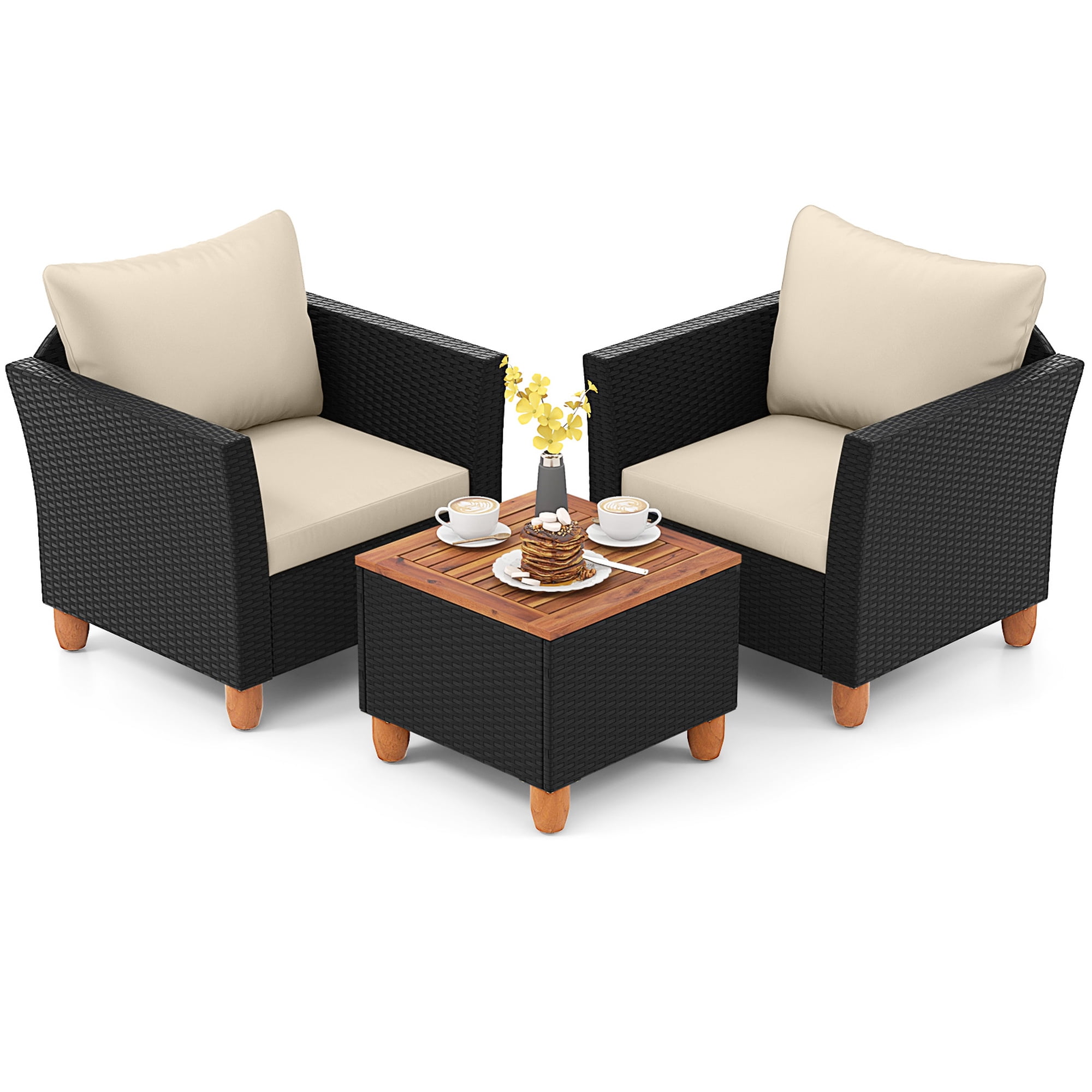 Costway 3PCS Outdoor Patio Rattan Furniture Set Wooden Table Top Cushioned Sofa White Cushion
