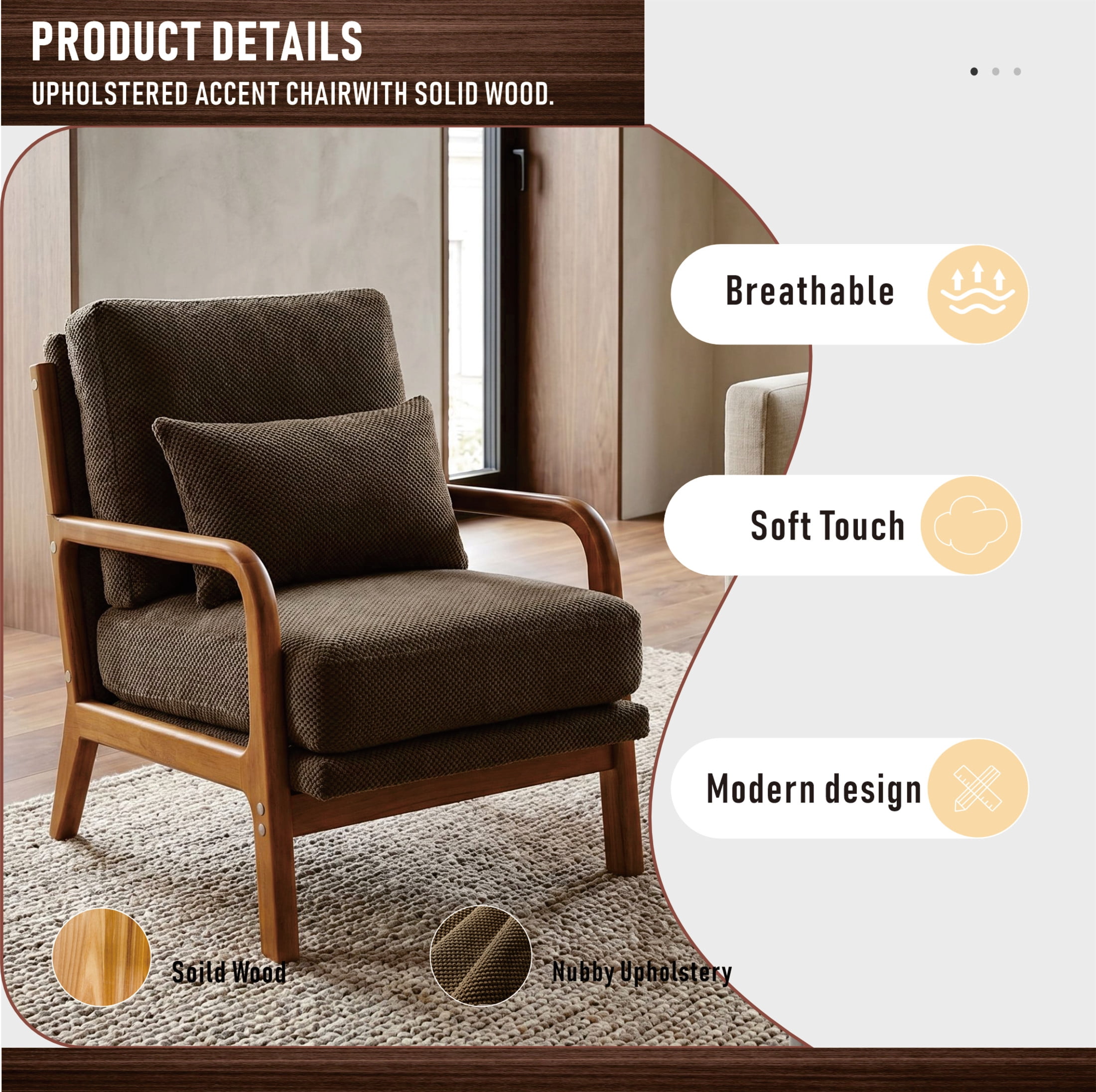 Noble House Mid-Century Modern Lounge Chair, Upholstered Accent Armchair with Solid Wood Frame, Coffee
