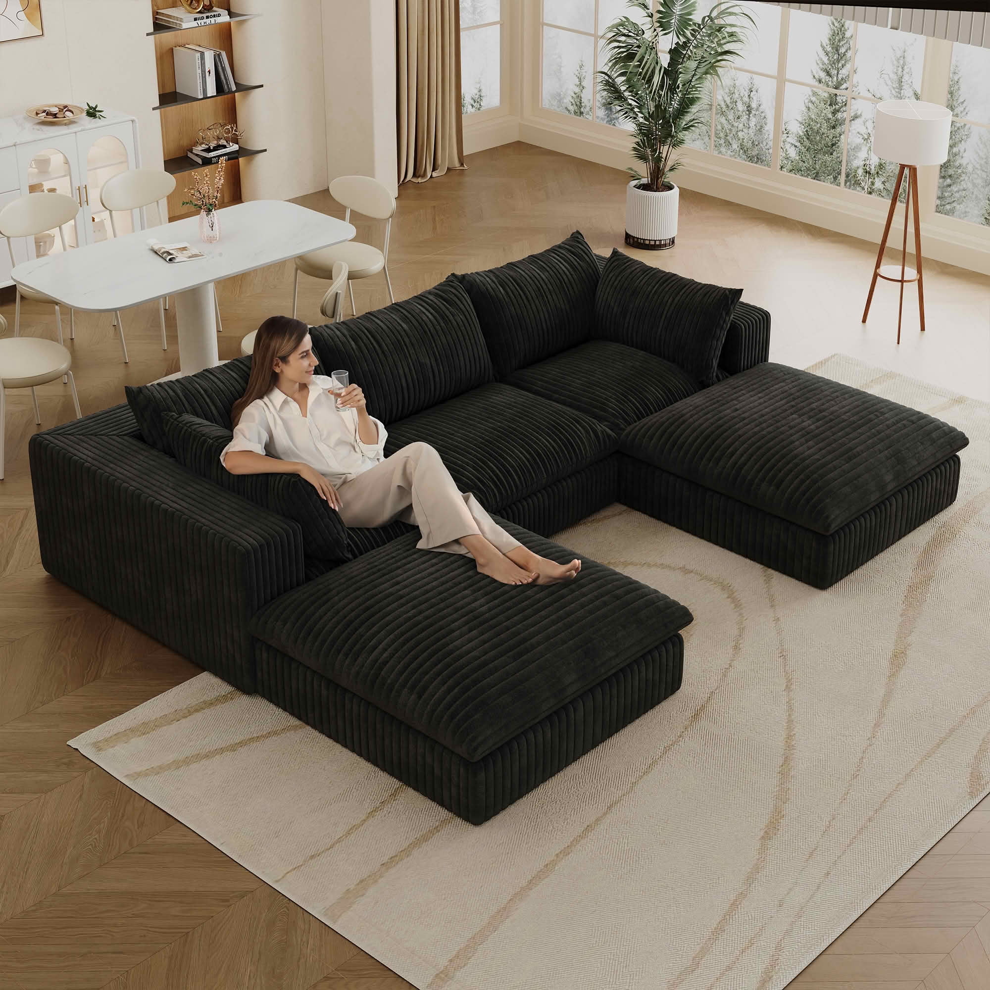 MAYEERTY 118.2" Cloud Corduroy Sofa, Deep Seat Double-Layer Design, Removable Cushion No Assembly, DIY Combination, Black