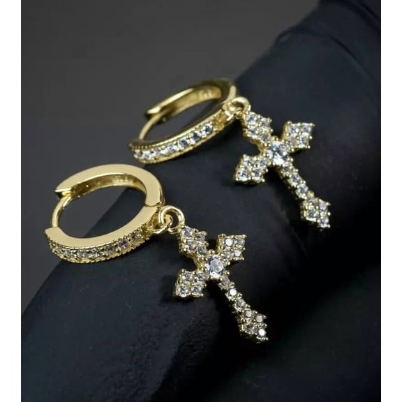 TAAPSEE JEWELS 14K Yellow Gold Plated Men's Cross Dangle Earring 2Ct Round Cut Cubic Zirconia