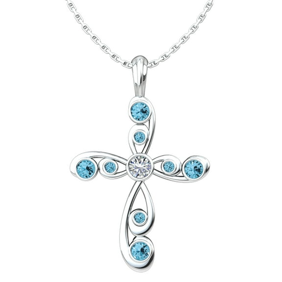 Antique Blue Topaz December Birthstone Cross Pendant - With 18" Sterling Silver Chain