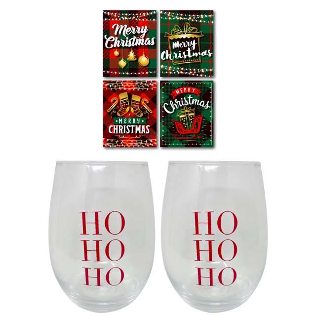 Christmas Wine Glasses with Holiday Wine Labels (Set of 2 17oz