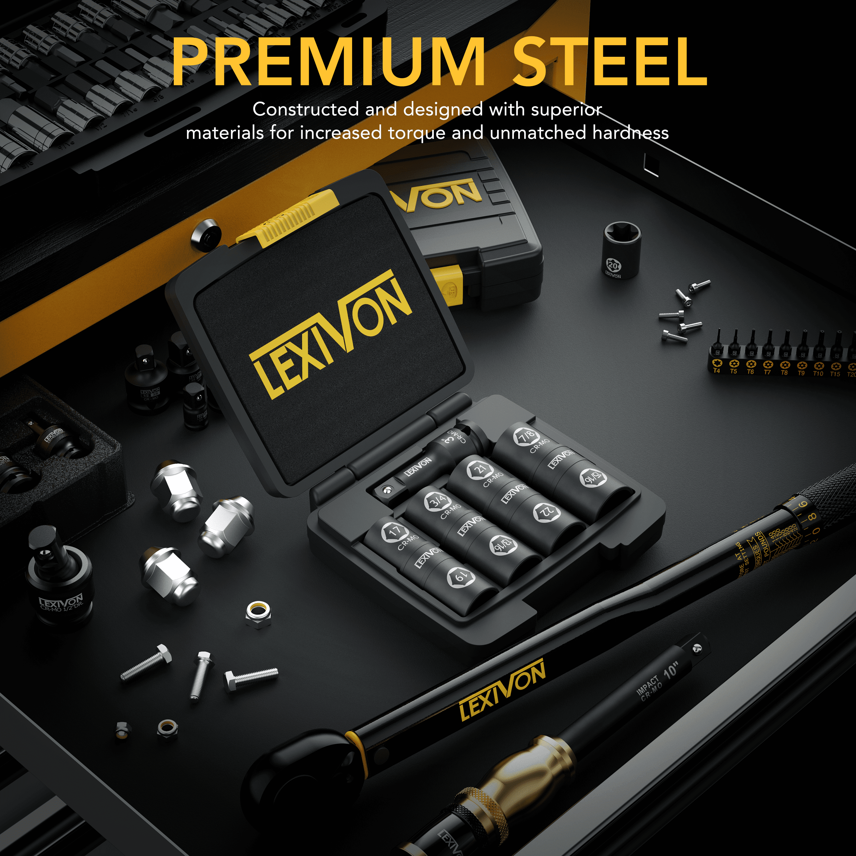 LEXIVON Lug Nut Impact Socket Set, 1/2-Inch Drive | Innovative 8-IN-4 Flip Socket Design, Covers Most Commonly Used Inch & Metric Wheel Nuts | Cr-Mo Steel = Full Impact Grade (LX-110)