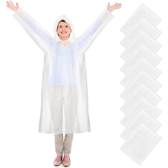 Ponpon Upgraded 10Pack Disposable Rain Poncho, Adult Emergency Clear Waterproof Raincoat with Hood for Outdoor Hiking Camping