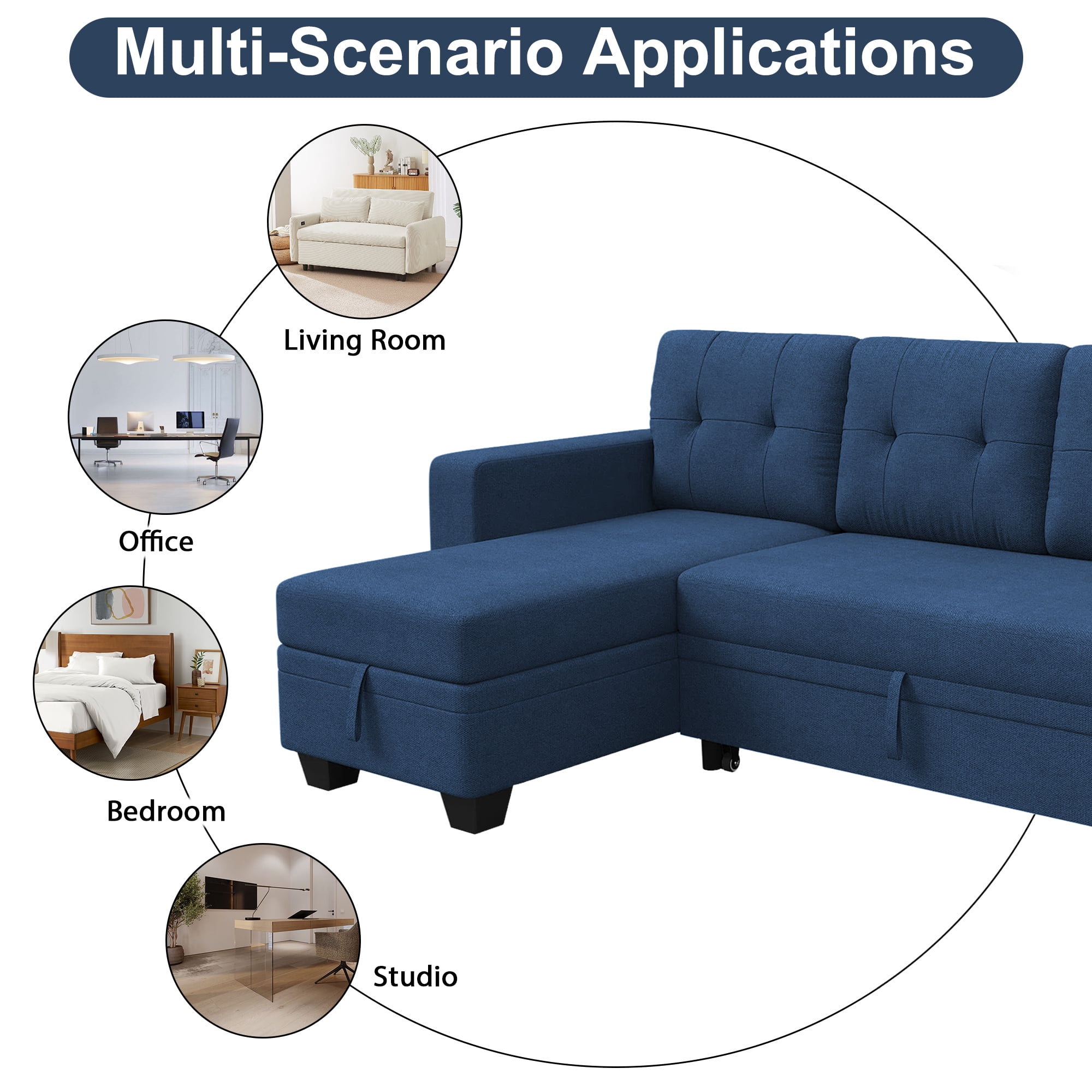 DEALTOPS Linen Reversible Sleeper Sectional Sofa Bed with Storage Chaise,Blue