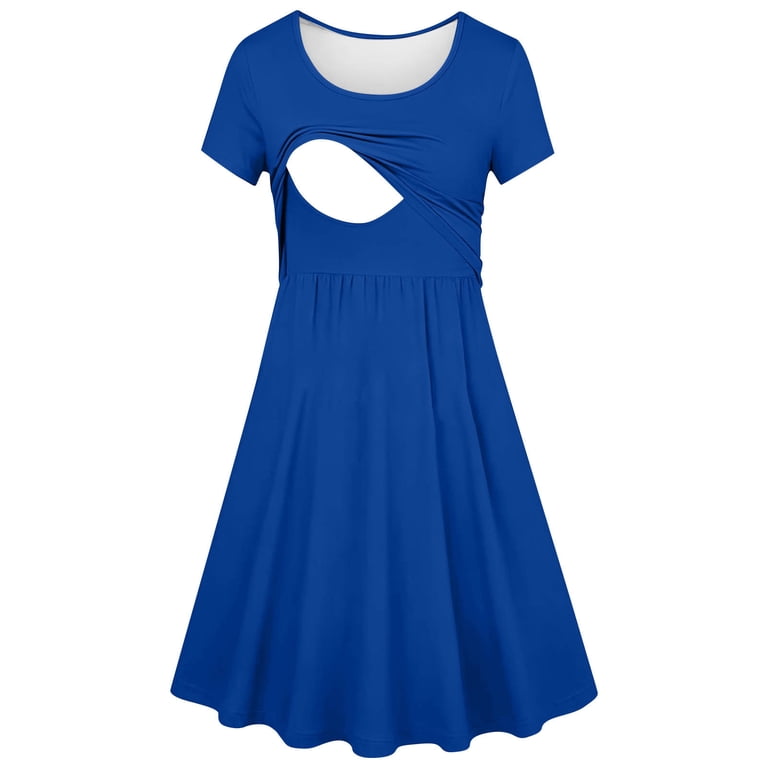 casual short maternity dresses FAVIPT Summer Dresses for Pregnant Women Double Layer Short Sleeve Crewneck Maternity  Dress Casual Loose Breastfeeding Skirt Navy,M