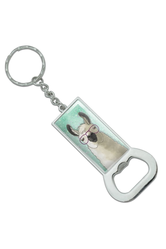 Hip Llama with Glasses Rectangle Chrome Plated Metal Bottle Cap Opener Keychain Key Ring