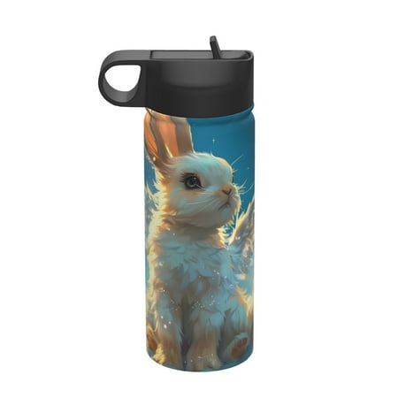 

Fuzoiu Cute Angel Winged Rabbit Print 18oz Insulated Sports Kettle Outdoor Sport Gym Stainless Steel Water Bottle With Straw Lid