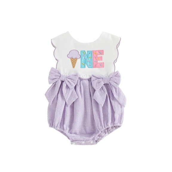 BemeyourBBs Infant Baby Girl First Birthday Outfit 1 Years Old Birthday Clothes Summer Bubble Romper Sleeveless Cake Embroidery Front Bow Bodysuit Playsuit One Piece Outfit