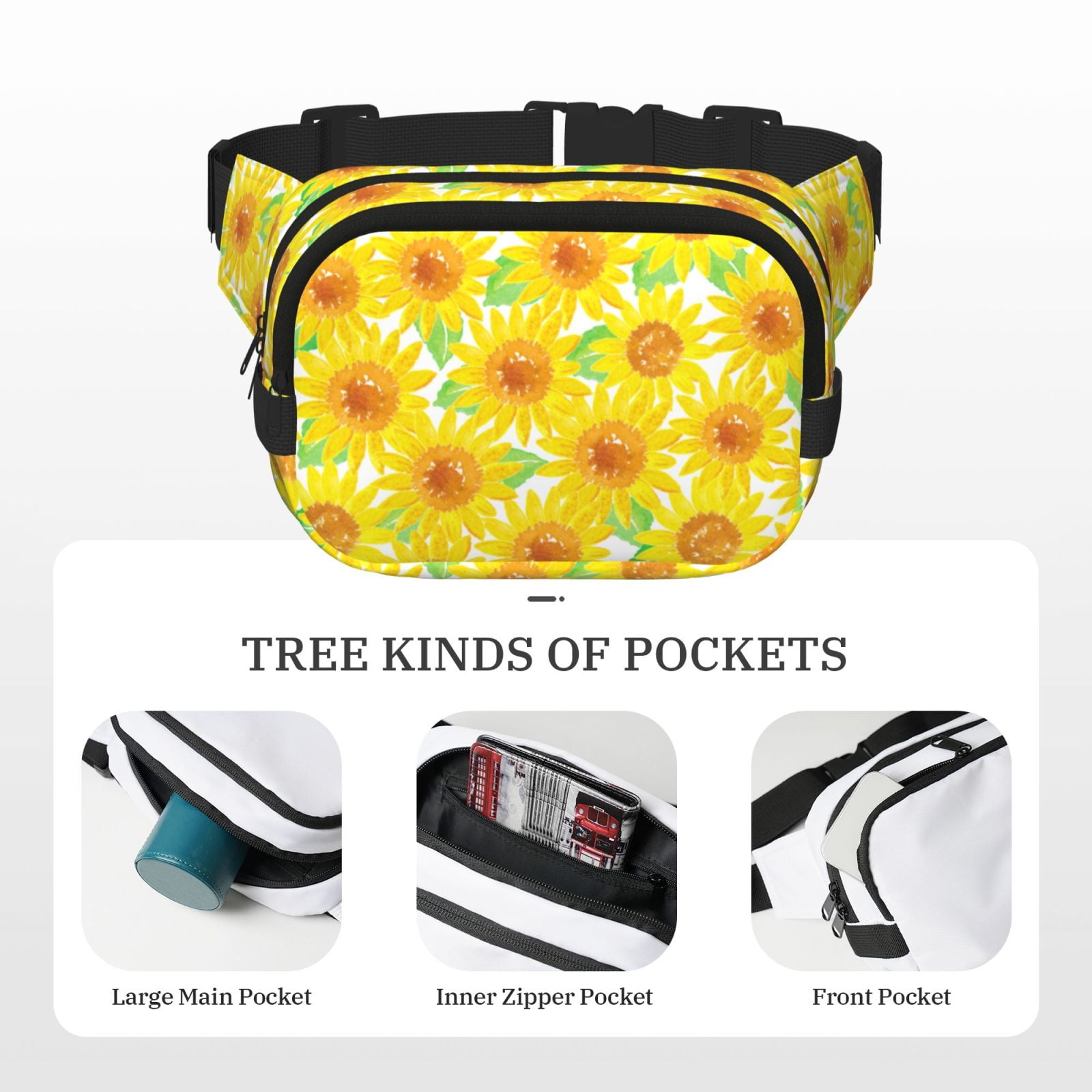 Picia Sunflowers2 Print Square Double-Layer Waist Bag Mini Adjustable Waist Belt Bag Exercise Running Travel Hiking