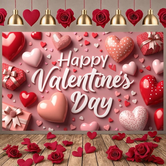 Pink Happy Valentine's Day Banner 3D Heart Design Valentine's Day Display Polka Dot Heart Glossy Heart Love Theme Backdrop for Valentine's Day Party Romantic Date Night Couple Anniversary Celebration