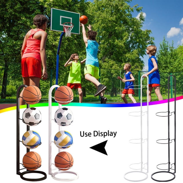 Bowayaoa Basketball Stand Storage Rack, 4-Tier Heavy Duty Ball Organizer for Sports Equipment, Portable Basketball Rack for Gym, Home, and Court