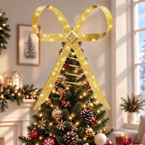 ANLTDTC Farmhouse Burlap Christmas Tree Topper with LED Lights