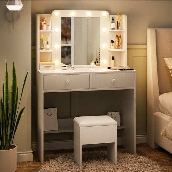 Haewon Vanity Desk with Mirror and LED Light, Power Outlets, Makeup Vanity with Large Capacity Drawers and Cushioned Storage Stool for Bedroom and Corner Space