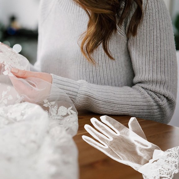 AURARMLET 2Pairs White Short Lace Gloves with Bowknot Mesh Tulle for Formal Weddings