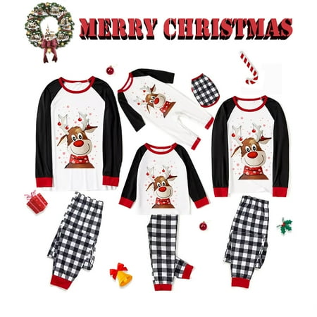 

Family Matching Christmas Pajamas Sets Elk Tops+Plaid Pants Holiday Xmas Loungewear Sleepwear Pjs for Adults Kids Baby