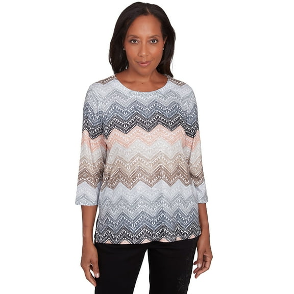 Alfred Dunner Womens Lacey Ombre Chevron Crewneck Top