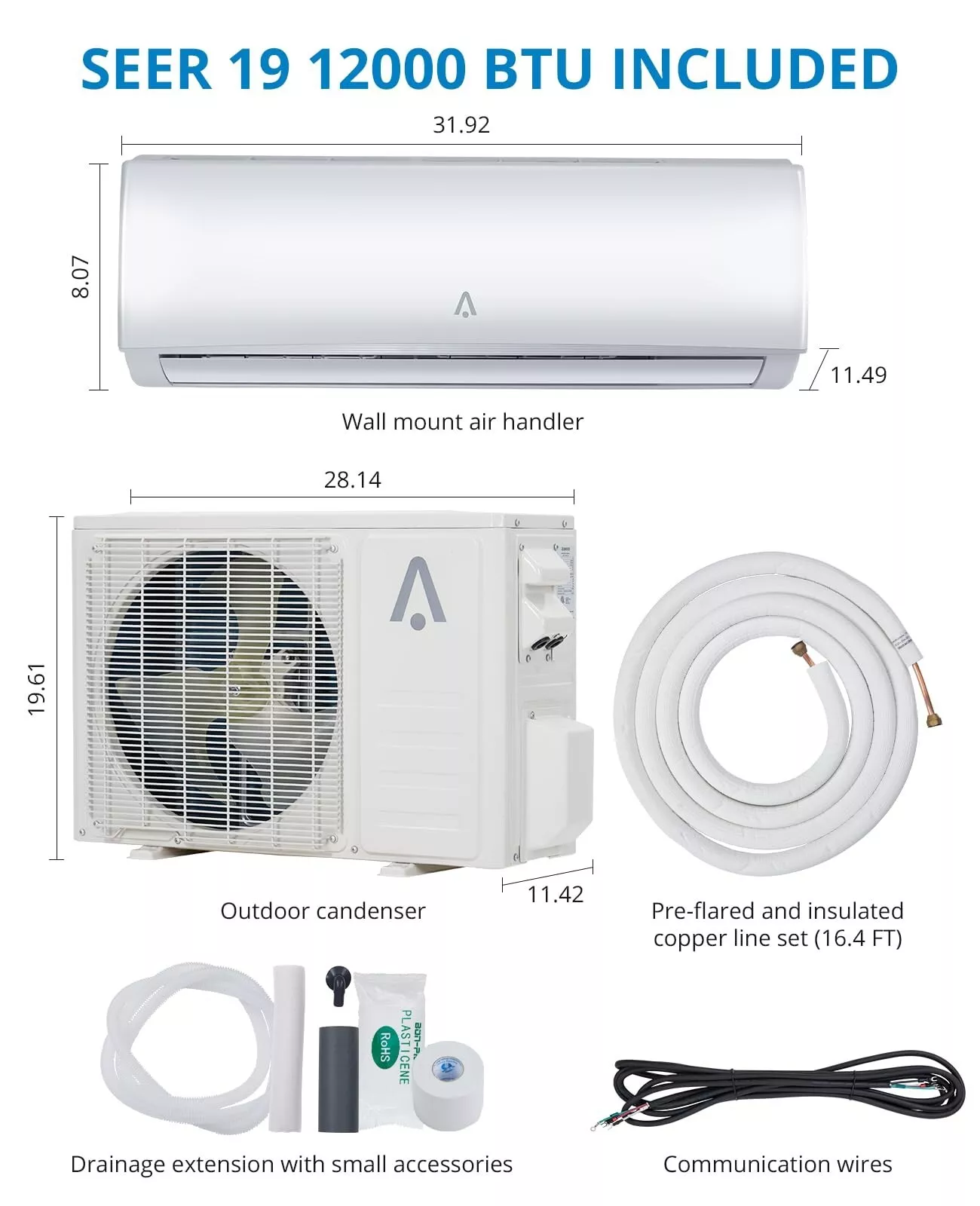 WhizMax 12000Btus Air Conditioner Ductless Mini Split Heat Pump 19 SEER2 AC 230V 1 Ton With Smart Control