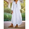thumbnail image 3 of Women Summer Long Sleeve Neck Maxi Linen Shirt Dress Loose Button Down Tunic Shift Dress White XXXL, 3 of 6