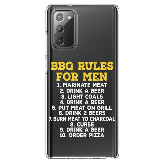 DistinctInk Clear Shockproof Hybrid Case for Samsung Galaxy Note 20 (6.7" Screen) - TPU Bumper Acrylic Back Tempered Glass Screen Protector - BBQ Rules for Men