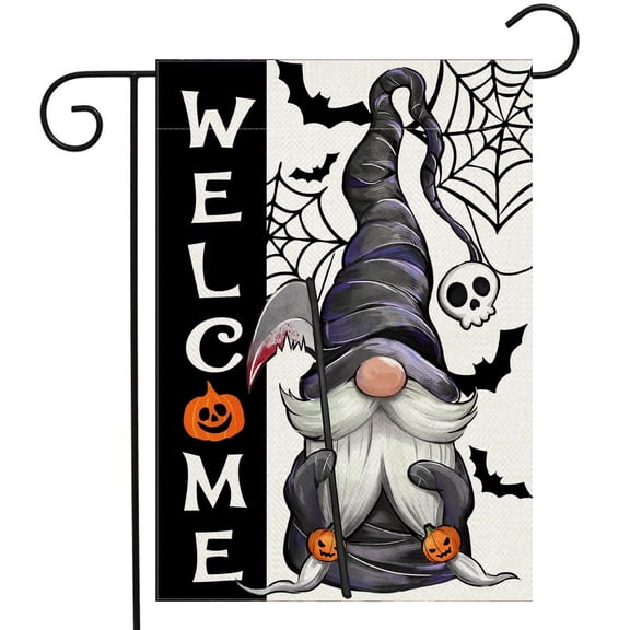 Halloween Garden Flags for Outside, Welcome Halloween Gnome Garden Flag 12x18 Double Sided Small Burlap Yard Flag Seasonal Holiday Outdoor Decor