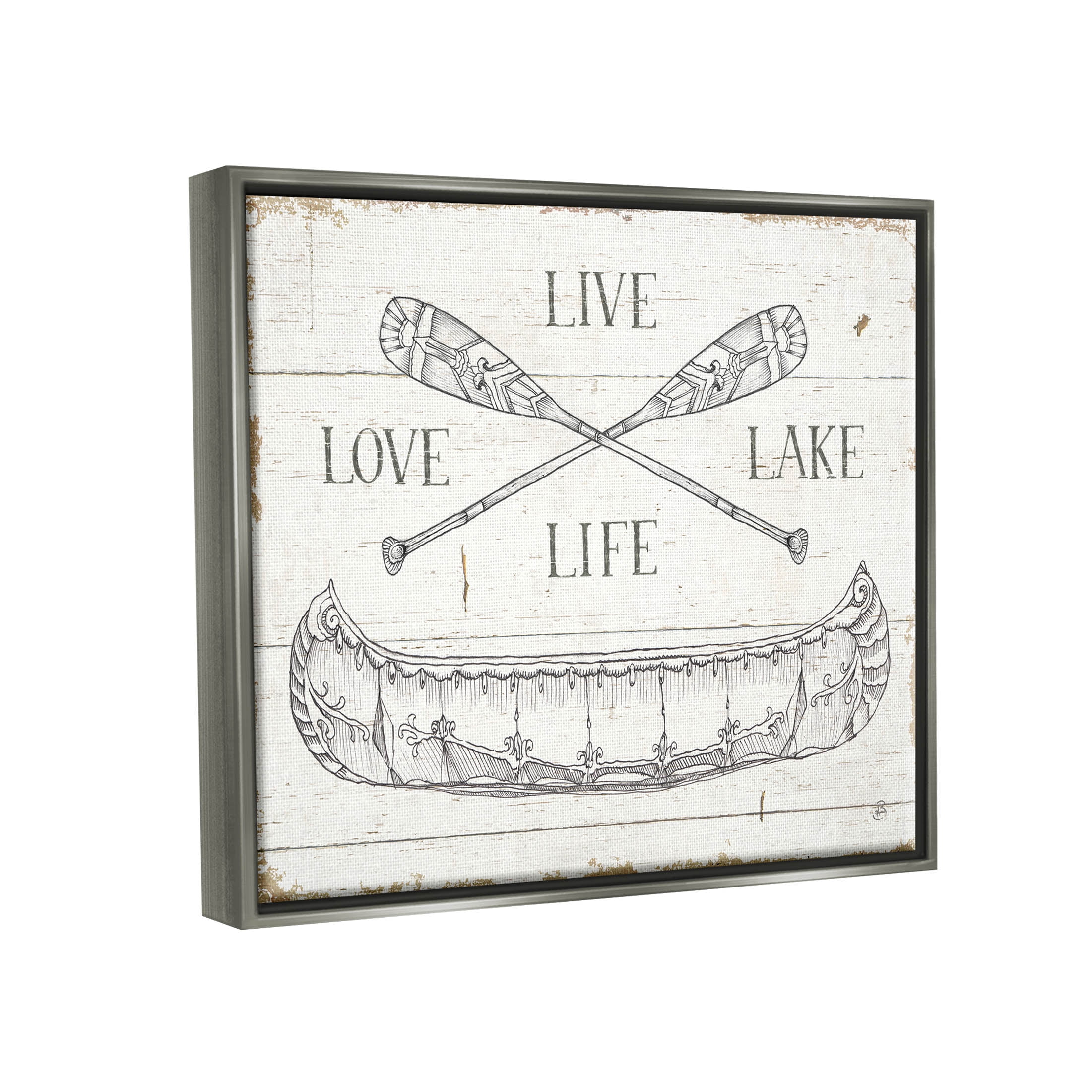 Stupell Industries Live Love Lake Rustic Canoe Oars Graphic Art Luster Gray Floating Framed Canvas Print Wall Art, Design by Daphne Brissonnet