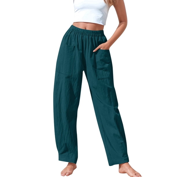 Pantalones elásticos de lino de cintura alta para mujer, informales: pantalones ligeros de verano para hacer ejercicio