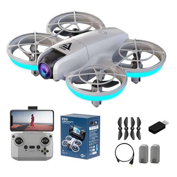Drones with Camera，2 Batteries, One-Key Takeoff and Landing, 360° Flip, Headless Mode, Optical Flow Hover, Brushless Motor, Gray