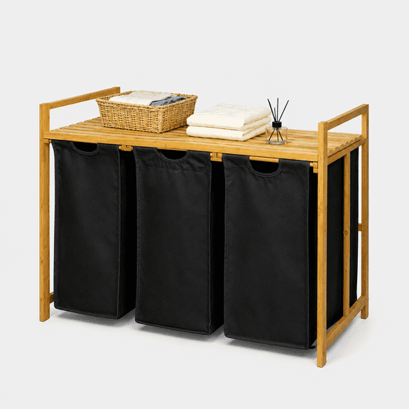 150L Bamboo Laundry Hamper Sorter with Storage Shelf, 3-Bag Clothes Organizer with Removable Pull-Out Liners, Freestanding Wooden Laundry Basket for Bathroom, Bedroom, Laundry Room, Dark Gray