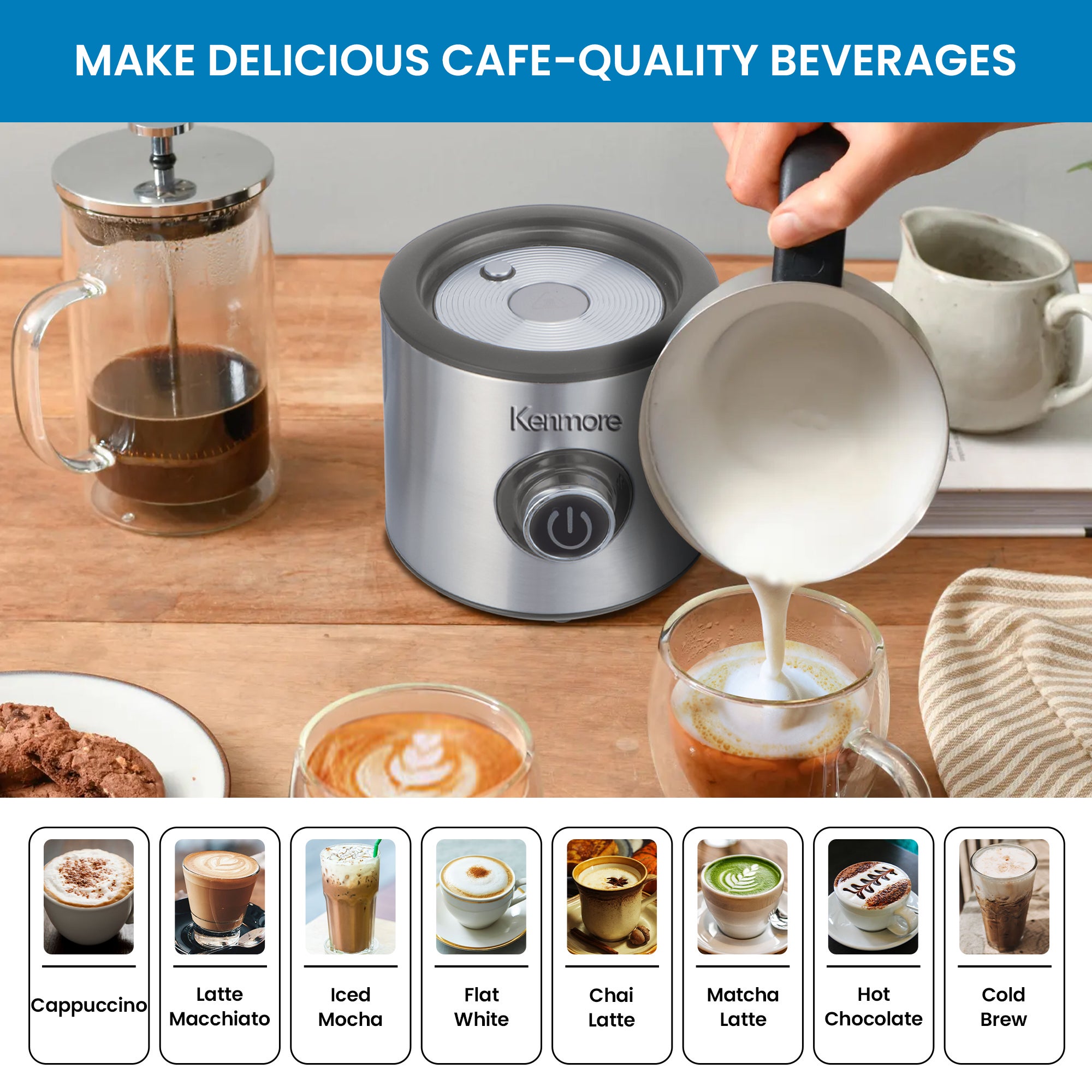 Kenmore Automatic Milk Frother & Steamer | 4-in-1 Hot & Cold Foam Maker | 16oz Detachable Milk Pitcher | Quiet Electric Milk Warmer | Coffee Latte Cappuccino Macchiato Hot Chocolate | Stainless Steel