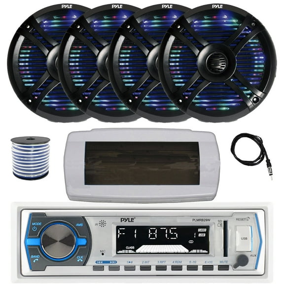 Pyle PLMRB29W Single DIN Bluetooth Marine MP3 AM/FM Stereo Receiver with White Cover, 22" Radio Antenna, Wire, 4x 6.5" 250 Watt Max 2-Way Waterproof Multicolor LED Audio Speakers (Black)