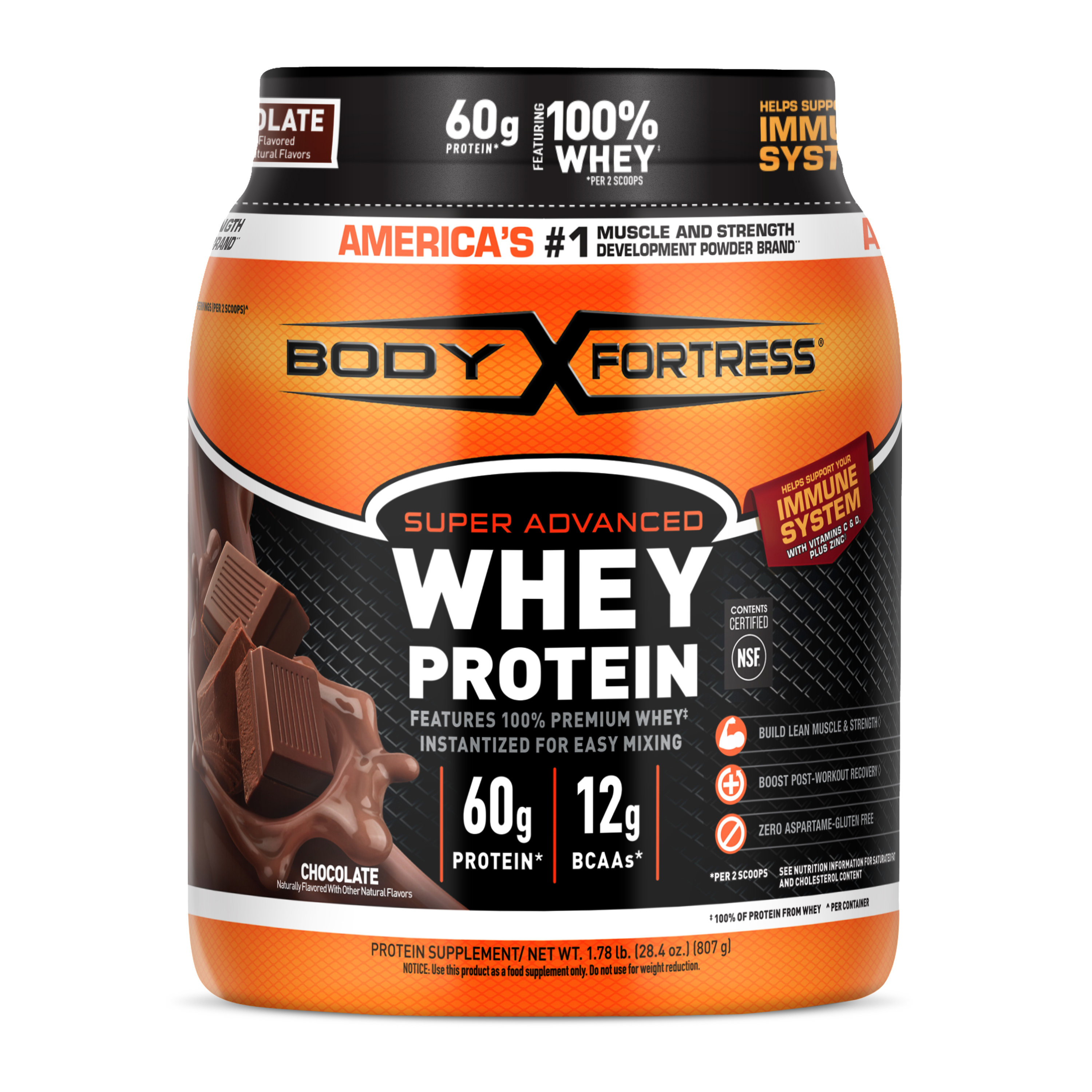 Body Fortress Super Advanced 100% Premium Whey Protein Powder, Chocolate, 60g Protein, Immune Support , Vitamins C & D Plus Zinc, 1.78 lbs (Packaging May Vary)
