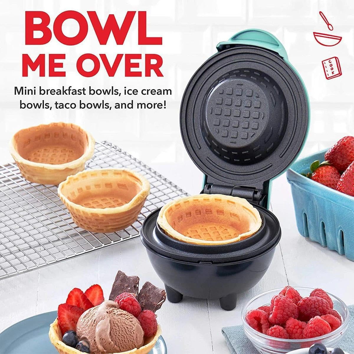 4" Waffle Bowl Maker with Non-Stick Plates, Fast Heating Mini Waffle Cone Maker for Homemade Ice Cream Cups, Compact Housewares Appliance for Dorms, RVs, Camping & Small Kitchens