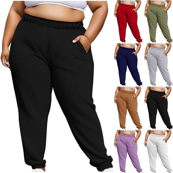 HomeDM Women's Plus Size Sweatpants - Solid Color Workout Sweat Pants Casual Joggers Pants with Pockets Elastic Waist - Black/L