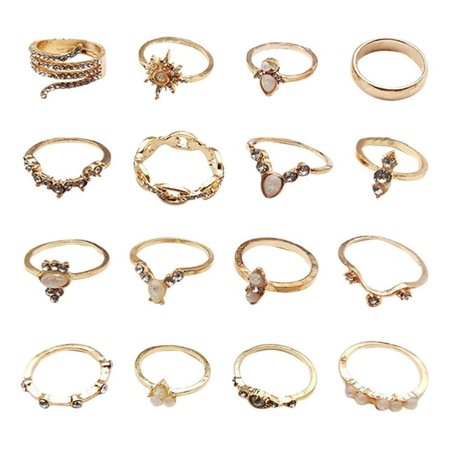 16 anillos apilables dorados para mujer, anillos, anillos con luna y estrella, anillos apilables con corazón para niñas