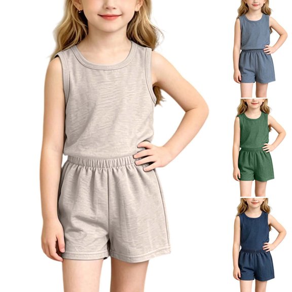 Agkizg Kids Girls Clothing Set Sleeveless 2 Piece Outfit Solid Crewneck Tank Top Shorts Summer Set