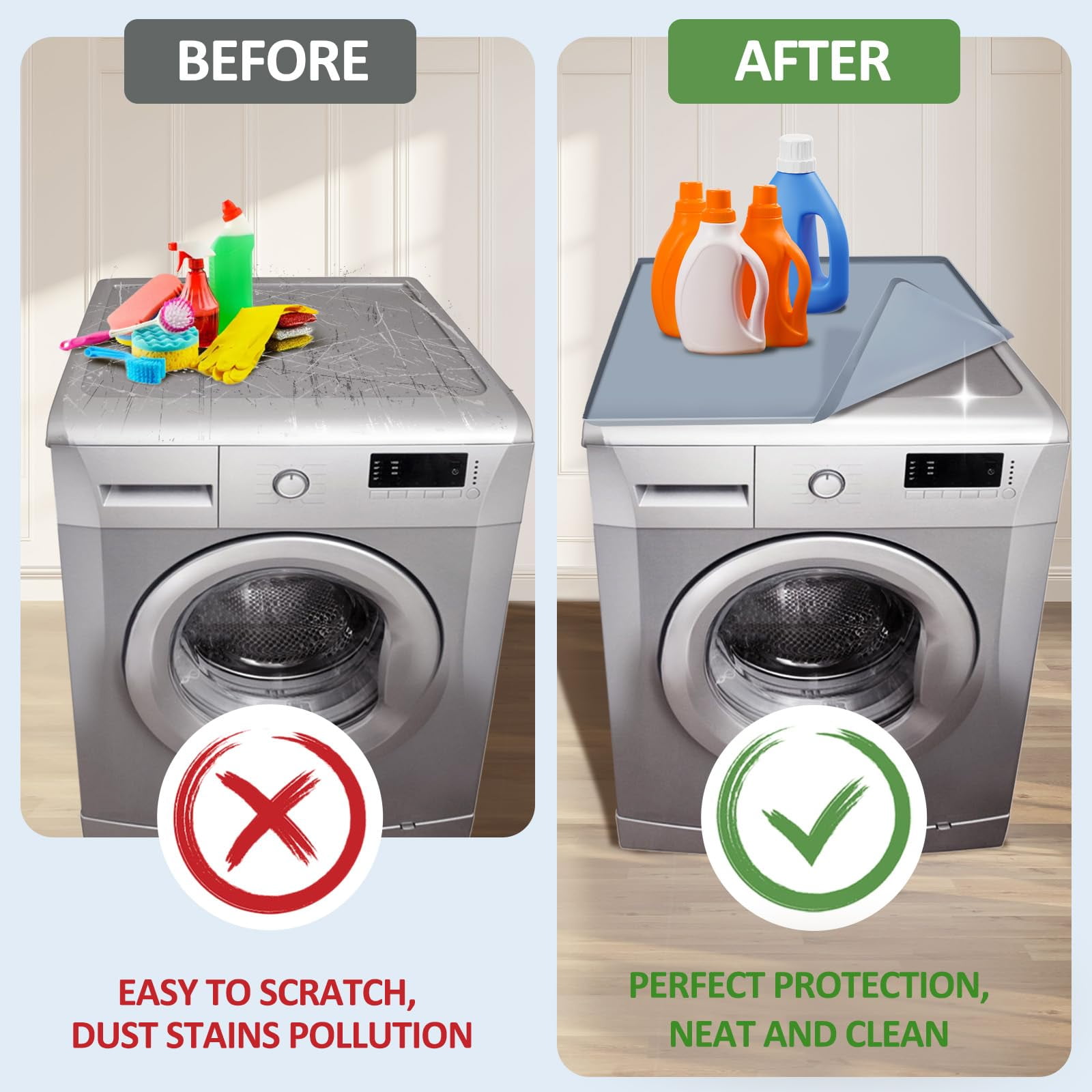 Washer and Dryer Top Protector Mat, 23.6 x 19.7inch Silicone Rubber Top Mat for Washer & Dryer, Non Slip Heavy Duty Waterproof Washable Dryer Top Protector Mat for Laundry Room, Grey