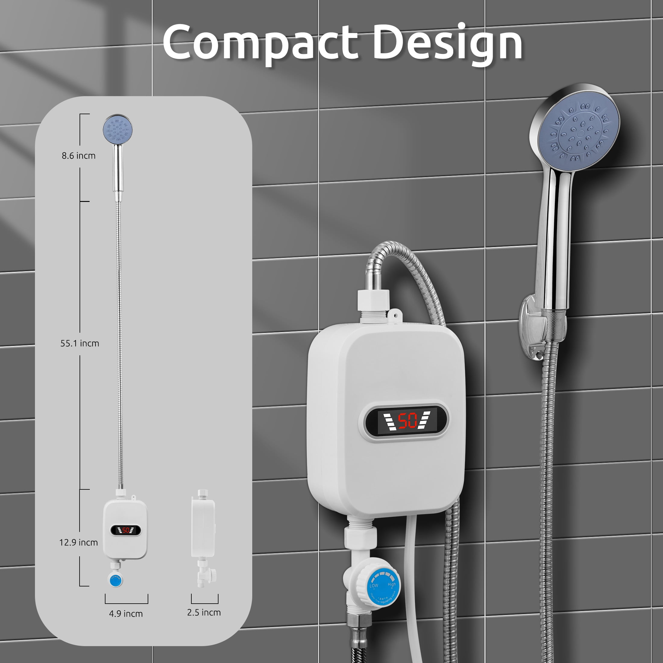 LOFTER-Pro 110 V 50 Hz Electric Tankless Water Heater Shower Head Set, 3500W Instant Hot Water Heater LCD Display for Home, White