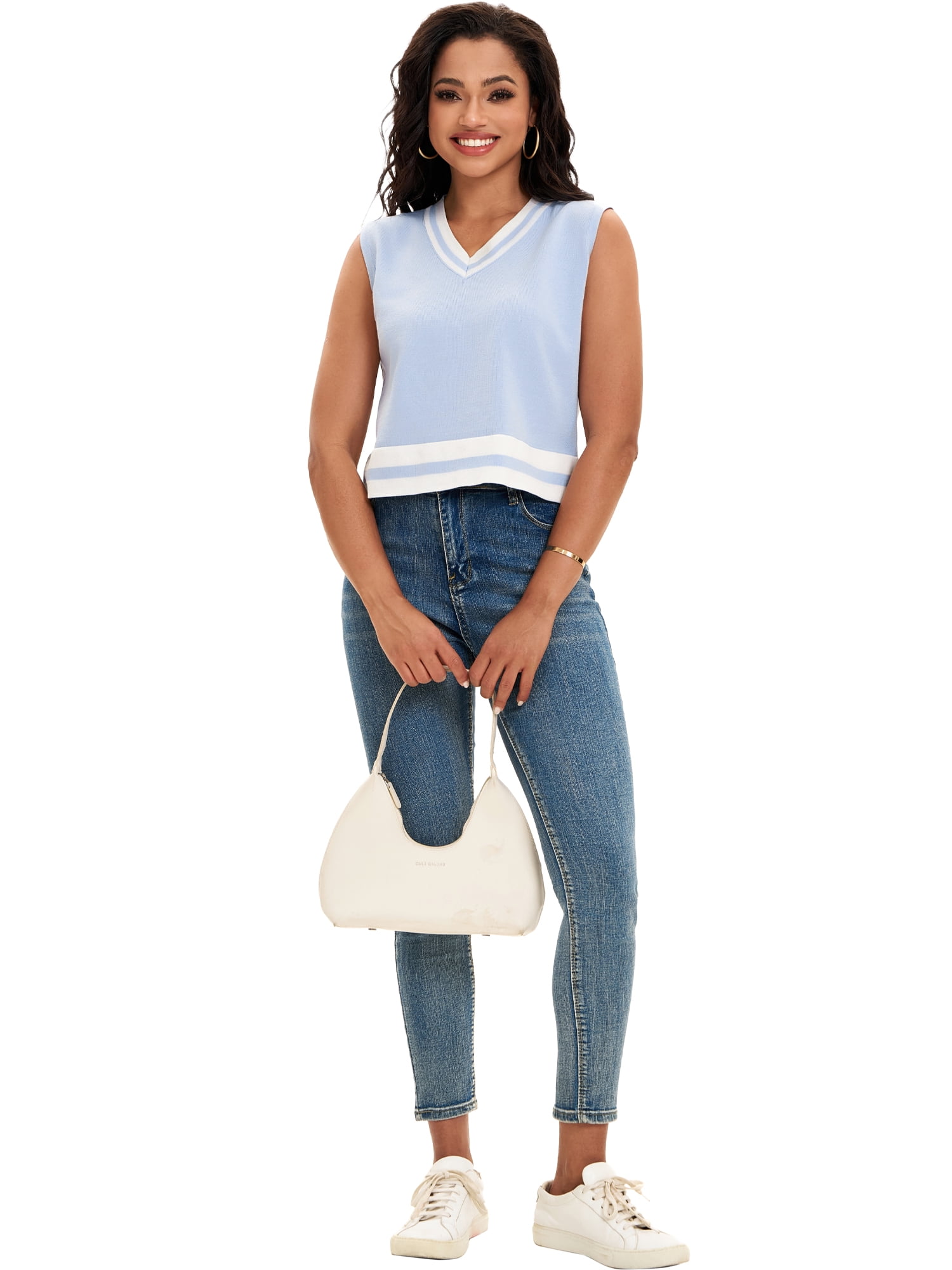 DARING DIVA Women's Cropped Sweater Vest Summer Tank Tops S Light Blue White
