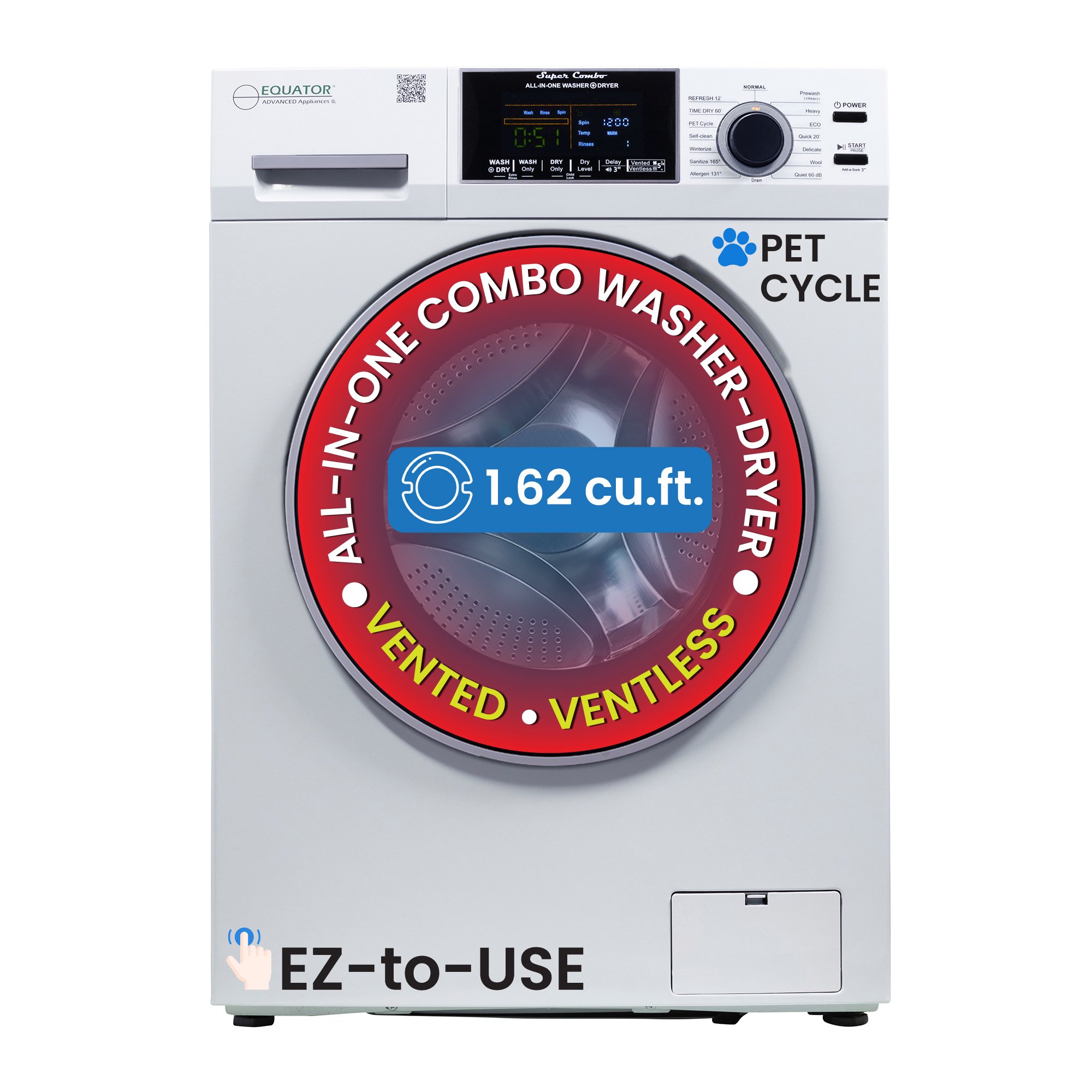 Equator Combination Washer Dryer Ventless/Vented Pet cycle 1.62cf/15lbs 110V with Adjustable legs