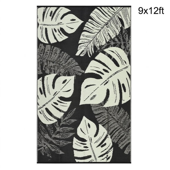 Reversible Waterproof Outdoor Rug, Leaf Design Plastic Straw Mat, UV Stain Resistant Lightweight Patio Carpet for Deck RV Balcony Porch Camping Beach - Black 9x12ft