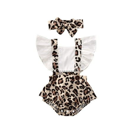

Newborn Infant Baby Girl Bodysuit Kids Leopard Print Ruffles Tie Back Jumpsuit + Headband Outfits Set