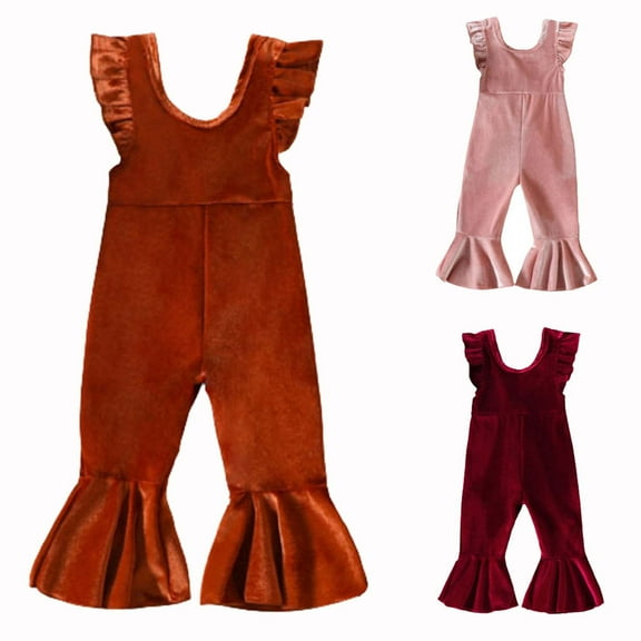 Wlynlyn Infant Toddler Baby Girl Velour Jumpsuit Bell Bottom Pants Overalls Suspender Leggings Romper Fall Outfits 12-18 Months