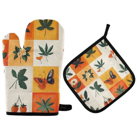 Yayeee Oven Mitts and Pot Holder Set of 2 Heat Resistant Kitchen Gloves Baking Hot Pad, Cartoon Plants