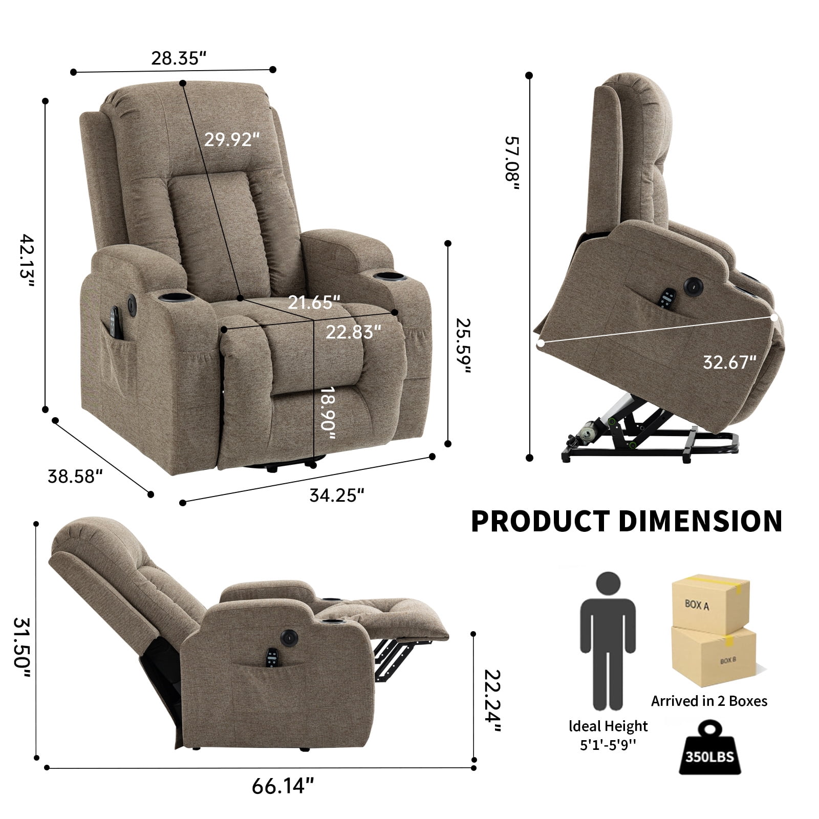 Gewnee Power Lift Recliner Chair,Lift Chair with Heat and Massage,Upgraded Fabric Recliner with USB,Cup Holders & Side Pockets for Living Room or Bedroom.Brown