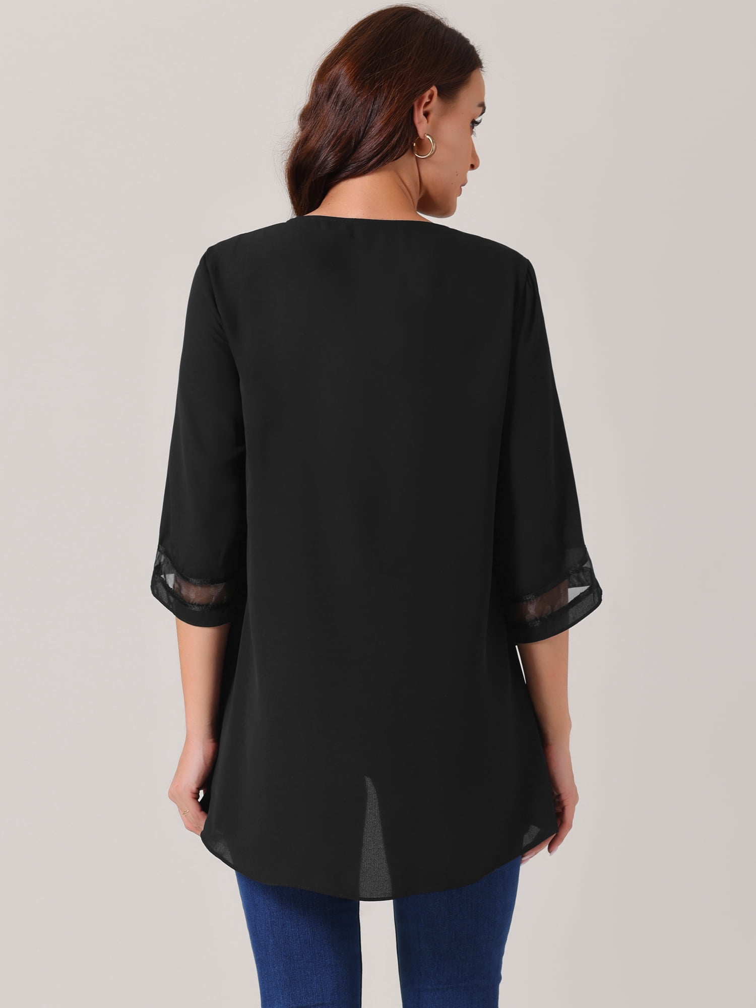 Unique Bargains Women's Chiffon V Neck 3/4 Bell Sleeve Asymmetrical Hem Blouse S Black