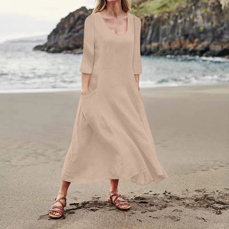 comfort linen maxi dress Aellinatey Women's linen maxi dress, plus size, casual, comfortable, loose  fit, with pockets
