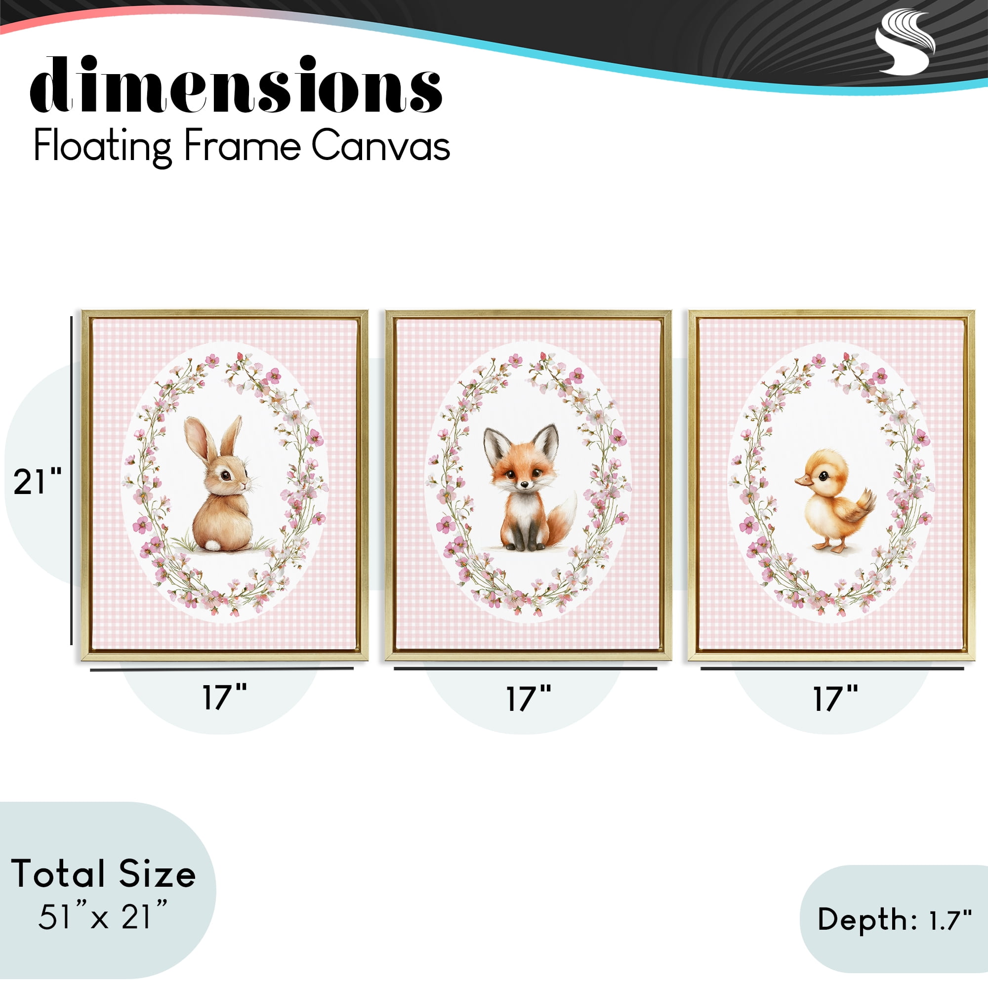 Stupell Industries Spring Gingham Animals 3 Piece Gold Framed Floater Canvas Set, design by Christine Simpson Art