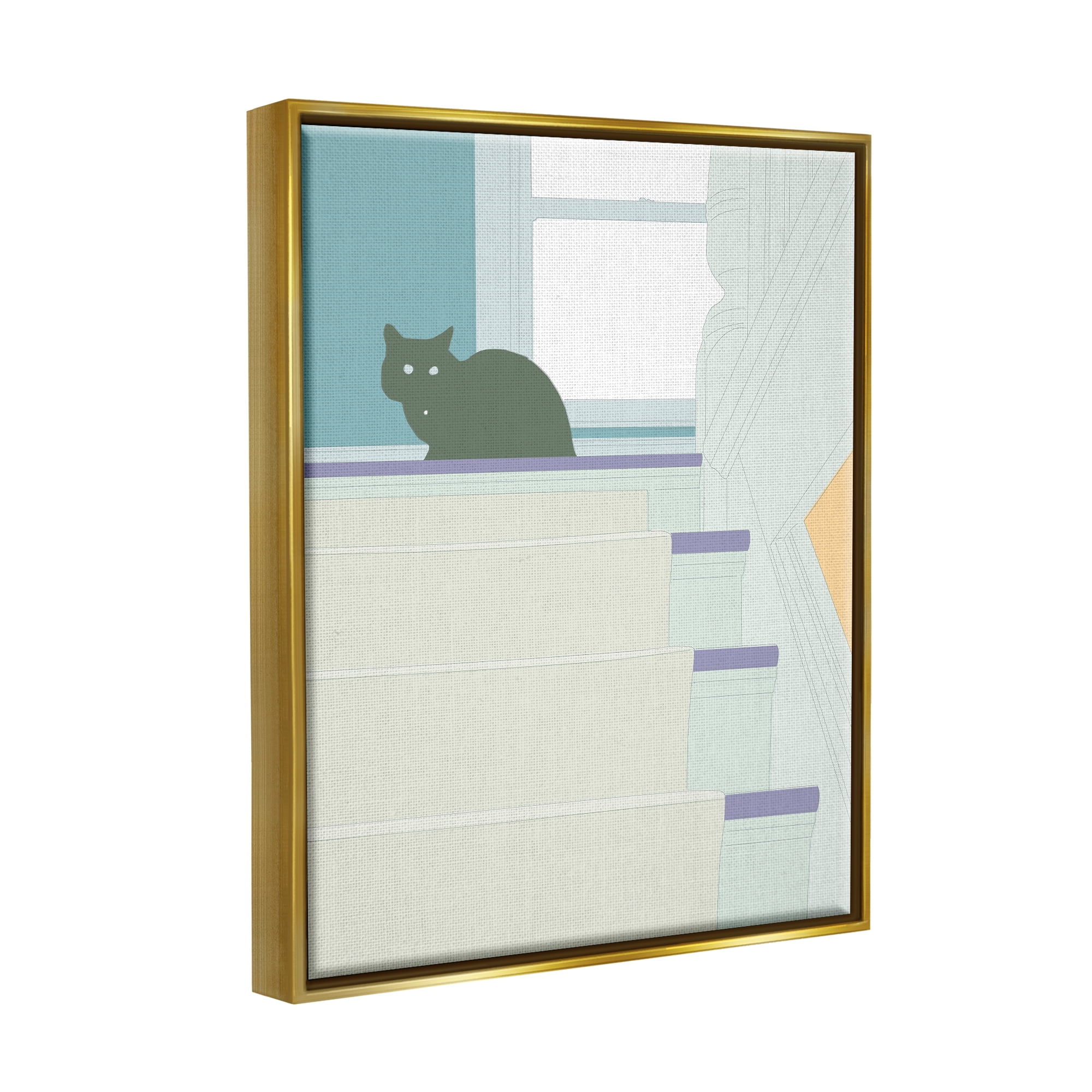 Stupell Contemporary Black Cat Stairway Scene Animals & Insects Painting Gold Floater Framed Art Print Wall Art