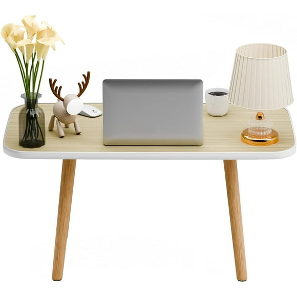 Small Coffee Table, Rectangle Modern Tea Table, Living Room Tables with Solid Legs Center Display, Wood Grain Rounded Corner, Easy Assembly (Wooden)